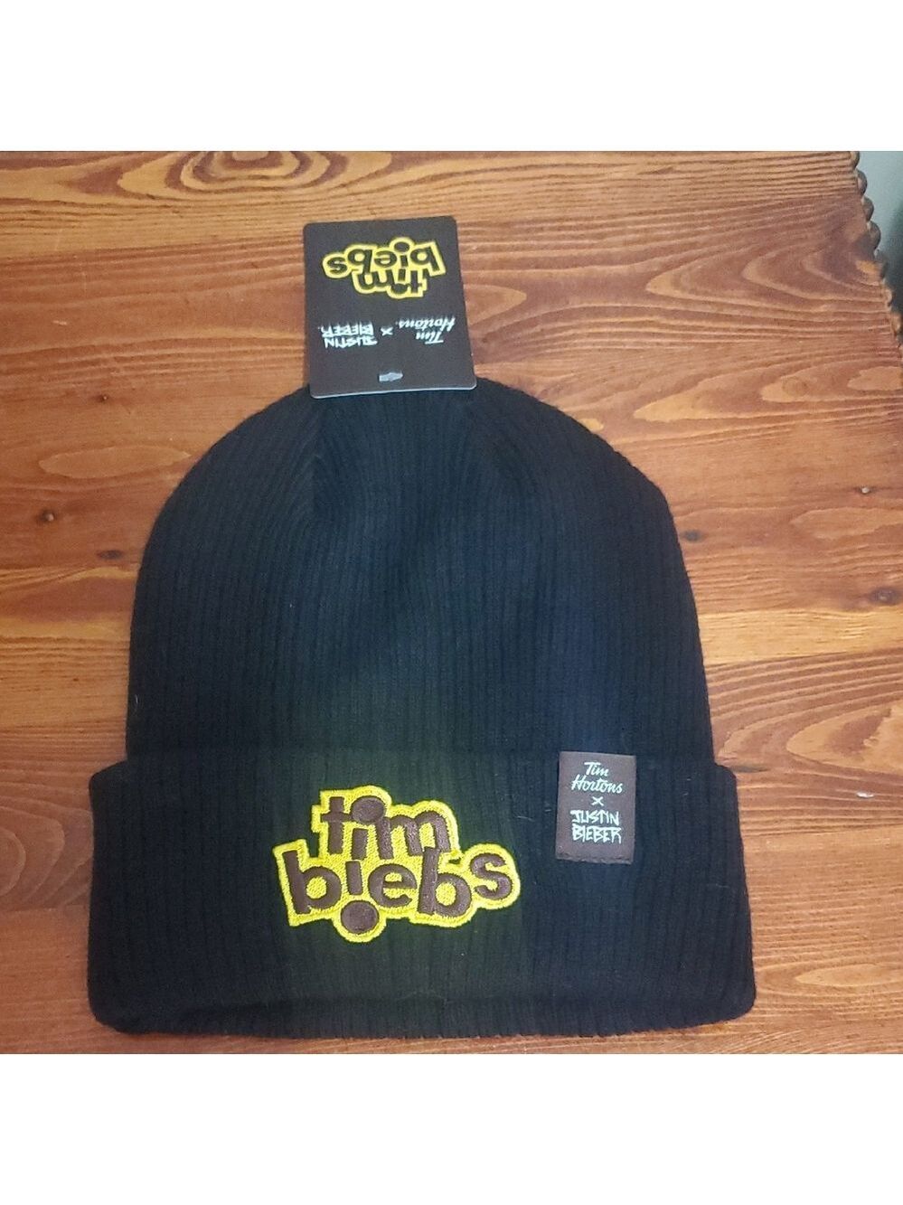 Tim Biebs Black Knit Beanie with Yellow Logo